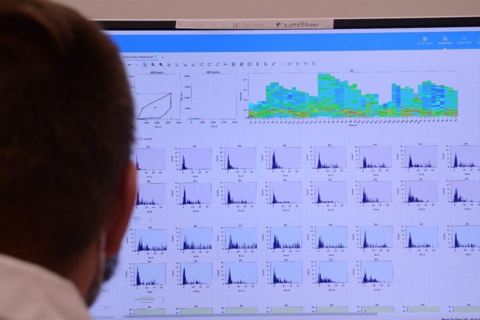 Curtis Pritzl utilizes spectral flow cytometry in a Cytek Aurora Instrument within MU's Cell and Immunology Core to analyze how T cells within the body's immune system respond to foreign infections.