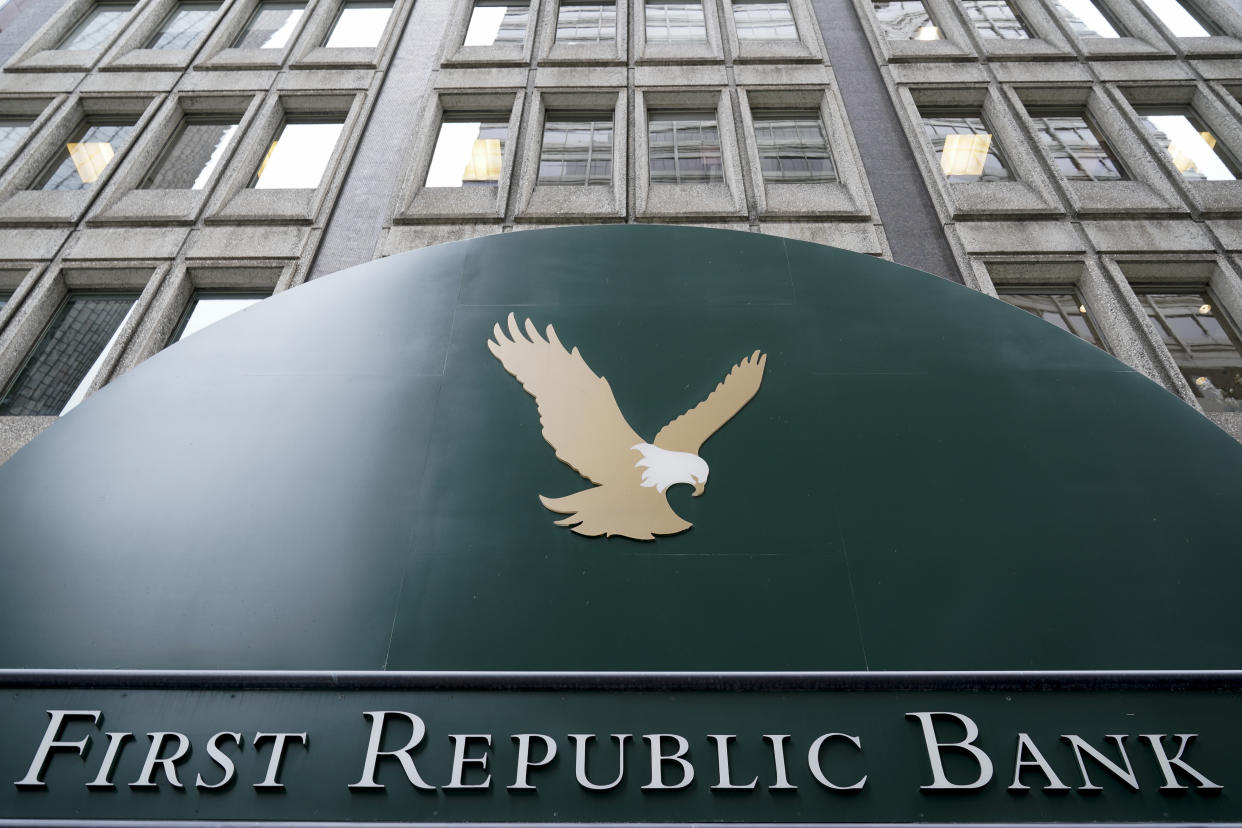 A First Republic Bank sign is posted at the bank's headquarters in San Francisco, Monday, May 1, 2023. Regulators seized the troubled bank early Monday, making it the second-largest bank failure in U.S. history, and promptly sold all of its deposits and most of its assets to JPMorgan Chase Bank in a bid to head off further banking turmoil in the U.S. (AP Photo/Godofredo A. Vásquez)