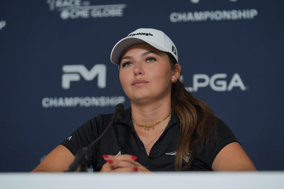 Alexa Pano fields questions during her FM Championship press conference at TPC Boston in Norton on Aug. 27.