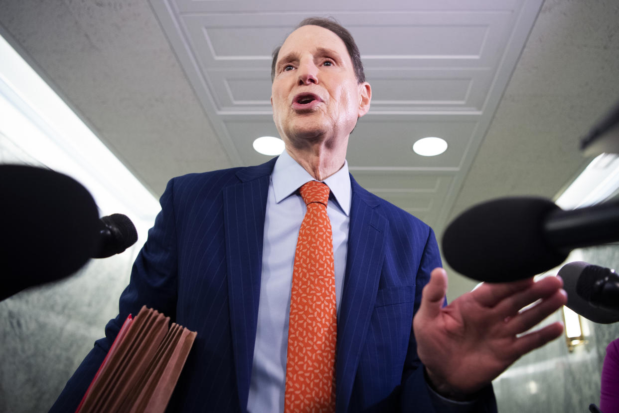 UNITED STATES - OCTOBER 26: Sen. Ron Wyden, D-Ore., talks with reporters before Senate Finance Committee hearing confirmation hearing in Dirksen Building on Tuesday, October 26, 2021. (Photo By Tom Williams/CQ-Roll Call, Inc via Getty Images)