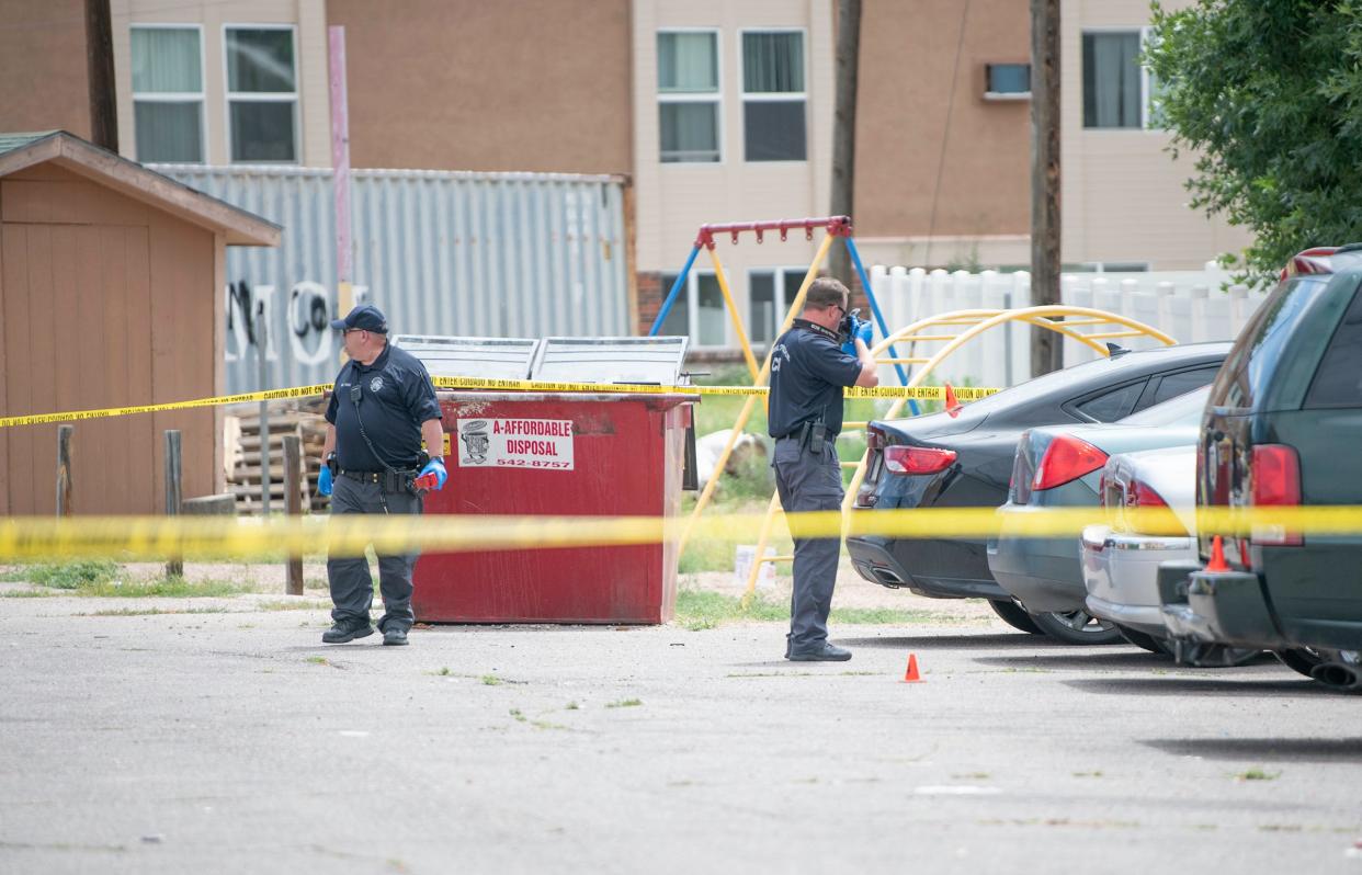 Pueblo police investigate a homicide at the Harmony Ridge Apartments on Bonnymede Road on Tuesday, July 5, 2022.