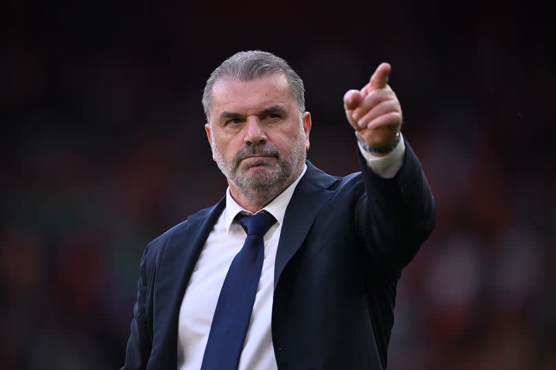 Ange Postecoglou, Manager of Tottenham Hotspur, gestures to the Spurs fans following the Premier League match between Liverpool FC and Tottenham Hotspur at Anfield on May 05, 2024 in Liverpool, England.