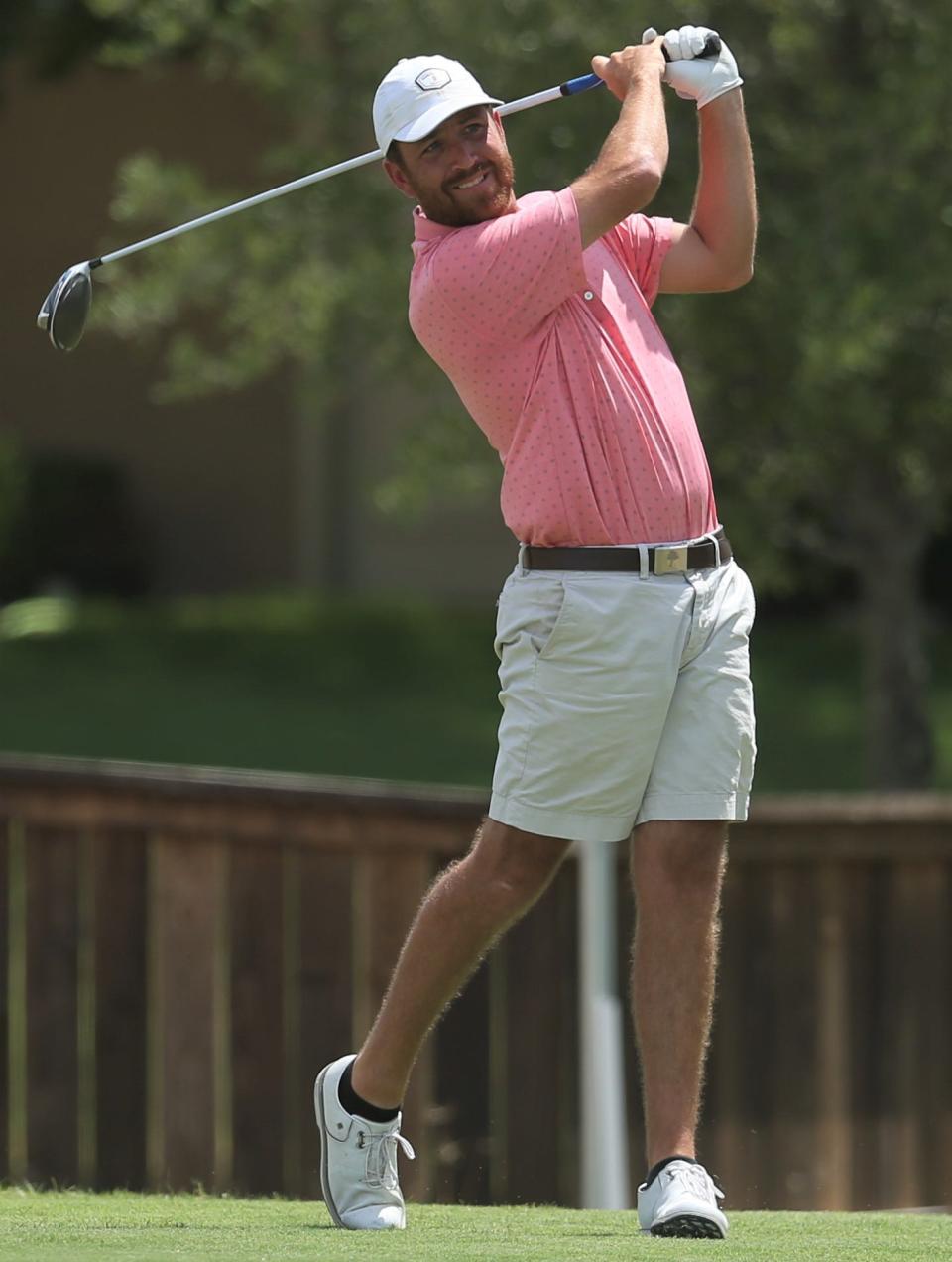 Patrick Box hits a tee shot during the final round of the Bentwood Country Club Men's Partnership golf tournament on Sunday, July 24, 2022.