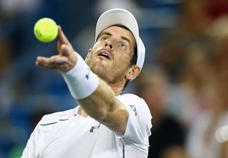 Aug 17, 2016; Mason, OH, USA; Andy Murray (GBR) serves against Juan Monaco (ARG) on day five during the Western and Southern tennis tournament at Linder Family Tennis Center. Aaron Doster-USA TODAY Sports