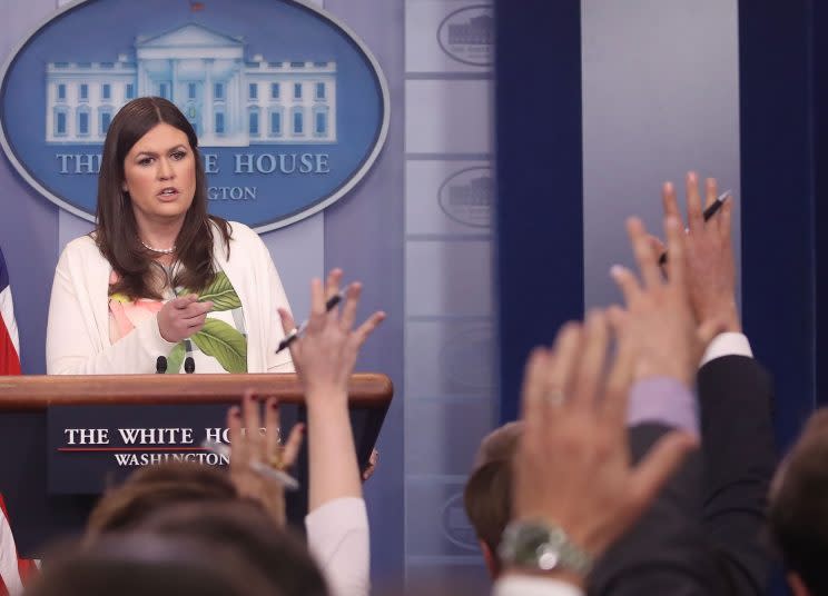 White House deputy press secretary Sarah Huckabee Sanders speaks during an earlier, on-camera briefing. 