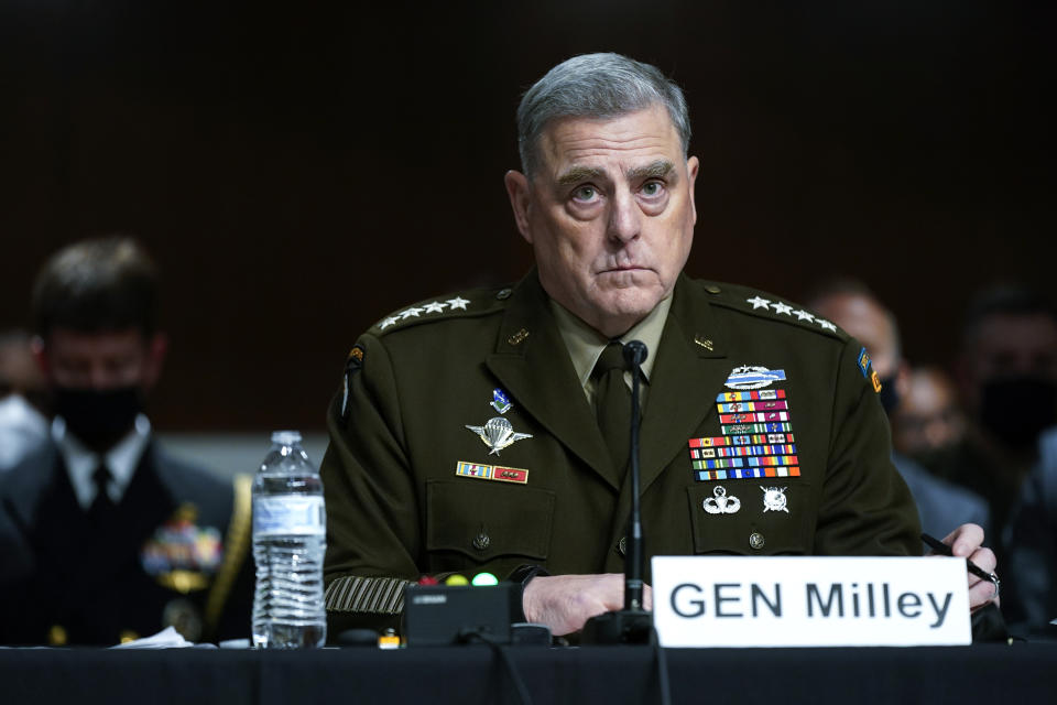 Chairman of the Joint Chiefs of Staff Gen. Mark Milley listens to a Senator's question during a Senate Armed Services Committee hearing on the conclusion of military operations in Afghanistan on Tuesday, Sept. 28, 2021, on Capitol Hill in Washington. (Patrick Semansky/AP via Pool)