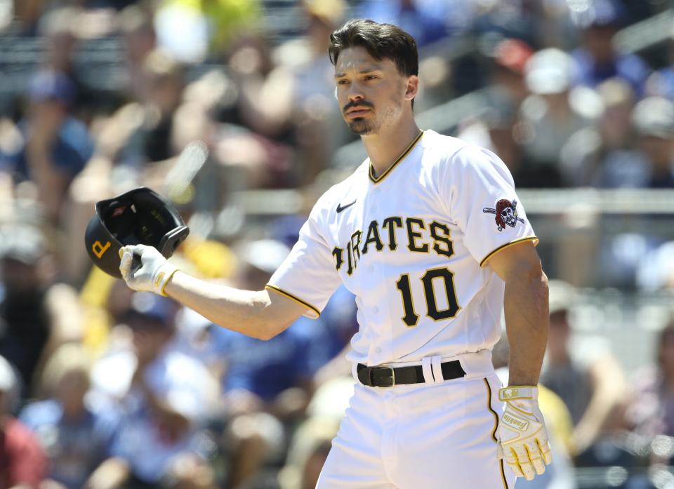 Bryan Reynolds reacts after striking out against the Angels.