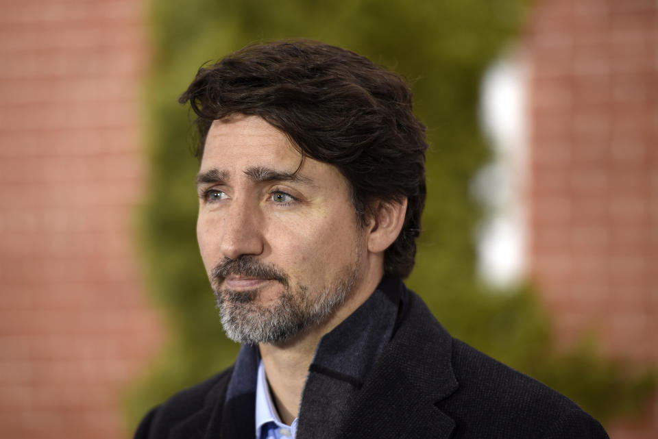 Canada's Prime Minister Justin Trudeau speaks during his daily press conference on the coronavirus pandemic outside of his residence at Rideau Cottage in Ottawa, Ontario, on Sunday, April 5, 2020. (Justin Tang/The Canadian Press via AP)