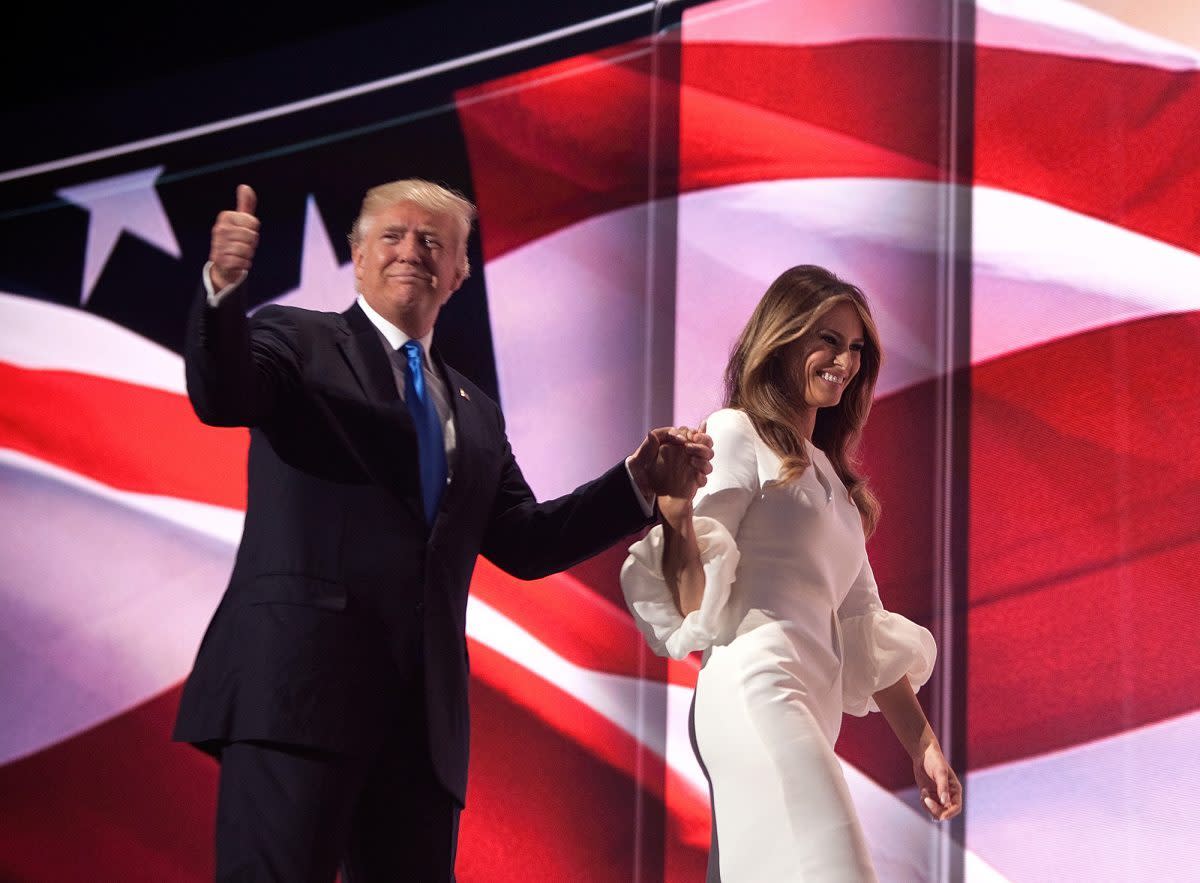 Donald Trump leaves the stage with his wife, Melania, after her speech Monday at the Republican National Convention in Cleveland. (Photo: Khue Bui for Yahoo News)