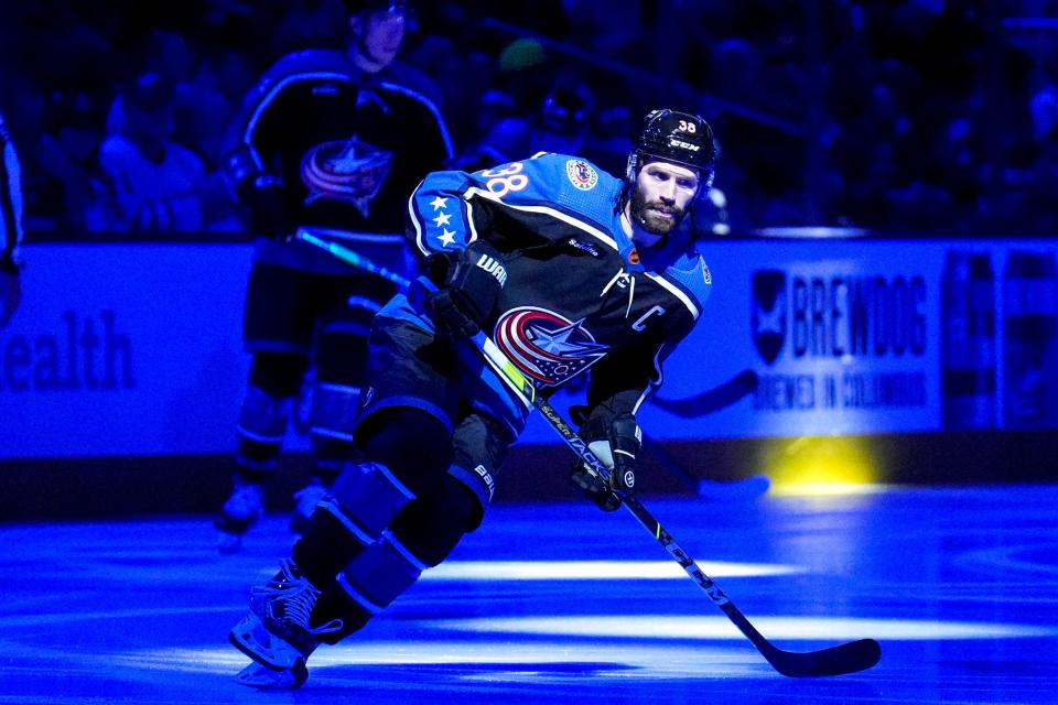 Dec 4, 2022; Columbus, Ohio, United States;  Columbus Blue Jackets forward Boone Jenner (38) enters the rink during the first period of the NHL hockey game between the Columbus Blue Jackets and the Detroit Red Wings at Nationwide Arena on Sunday night. Mandatory Credit: Joseph Scheller-The Columbus Dispatch