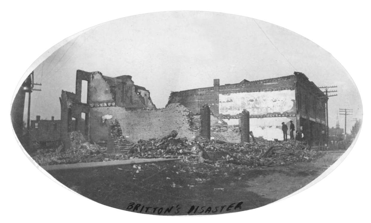 This photo labeled "Britton's disaster" shows the ruins left by a fire Sept. 18, 1908, in downtown Britton.