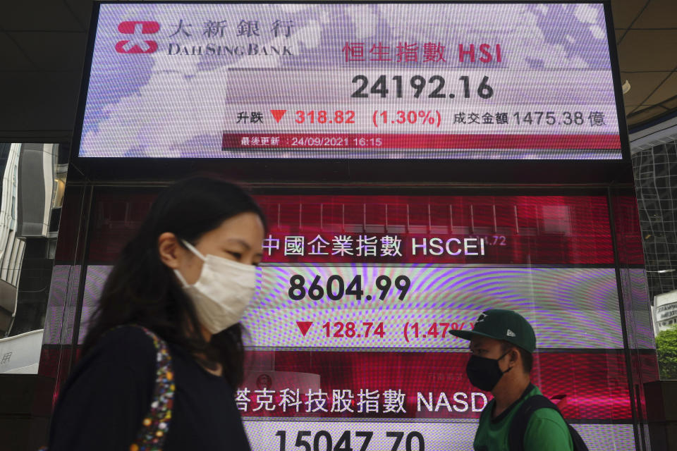 People wearing face masks walk past a bank's electronic board showing the Hong Kong share index at Hong Kong Stock Exchange in Hong Kong Monday, Sept. 27, 2021. Asian share rose Monday, but skepticism about the economic outlook for the region tempered the rally amid worries about further waves of COVID-19 outbreaks. (AP Photo/Vincent Yu)