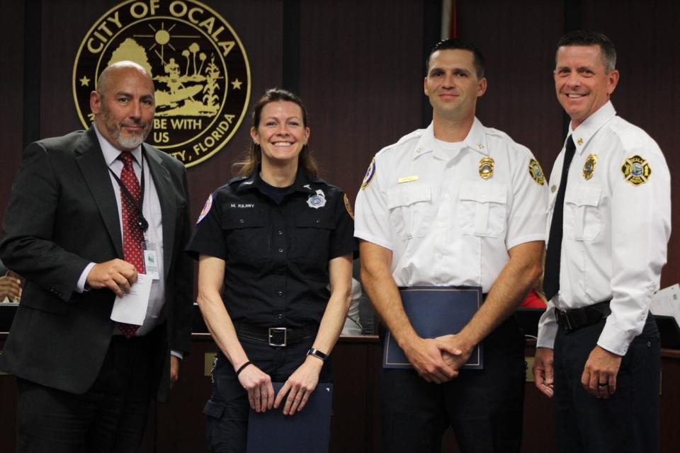 From left: Ocala City Manager Peter Lee, Dixie County EMT Miranda Kilsby, OFR Capt. Brent Stegall, Ocala Fire Chief Clint Welborn.