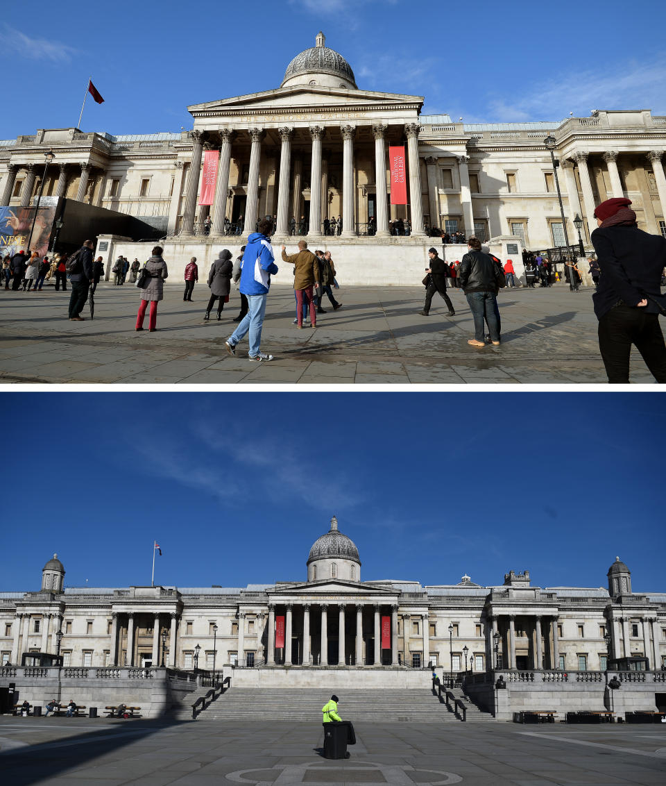 Composite photos of London's National Gallery in Trafalgar Square on 28/01/14 (top), and on Tuesday 24/03/20 (bottom), the day after Prime Minister Boris Johnson put the UK in lockdown to help curb the spread of the coronavirus.