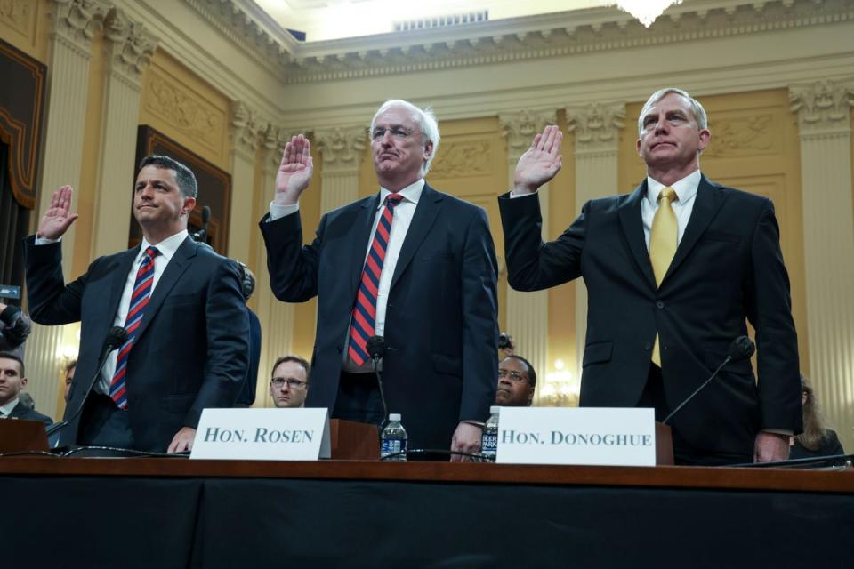 Steven Engel, former Assistant Attorney General for the Office of Legal Counsel, Jeffrey Rosen, former Acting Attorney General, and Richard Donoghue, former Acting Deputy Attorney General, are sworn-in (Getty Images)