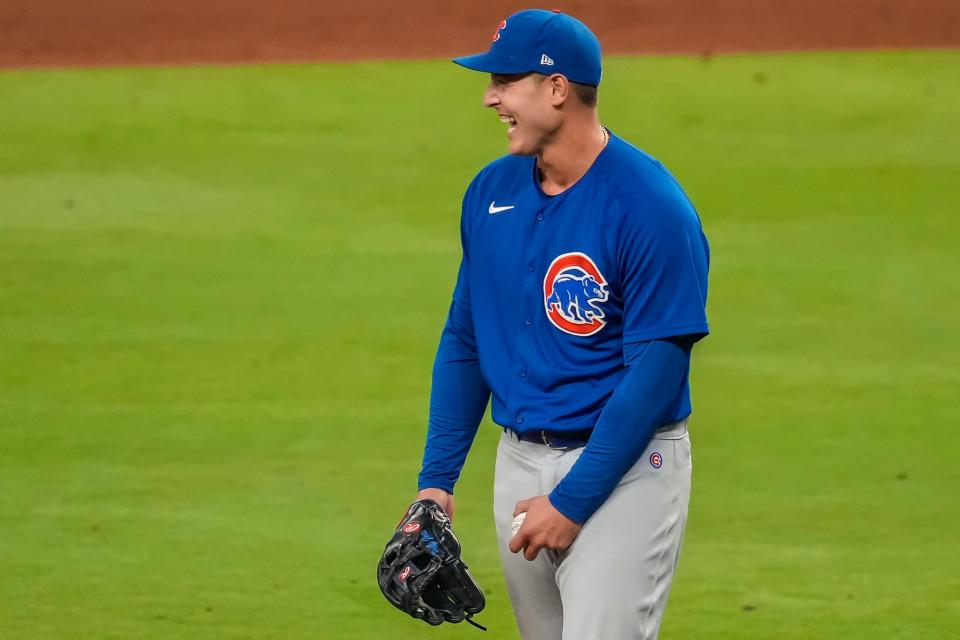 Anthony Rizzo reacts after striking out Freddie Freeman during the seventh inning of a blowout Cubs losss