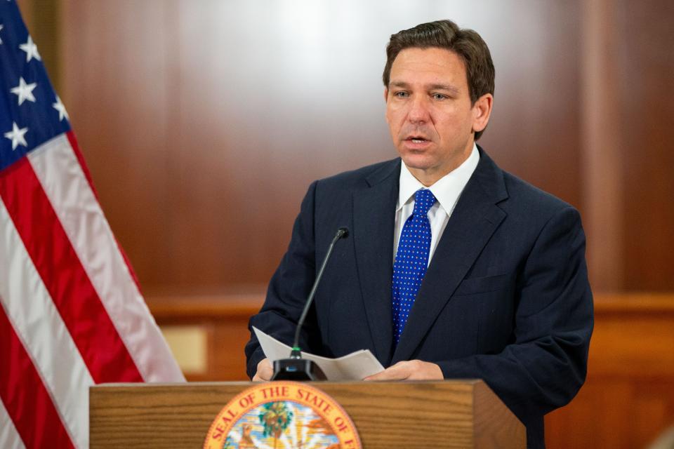 Gov. Ron DeSantis holds a press conference to announce the suspension of State Attorney Monique Worrell for “neglect of duty and incompetence” on Wednesday morning, Aug. 9, 2023.