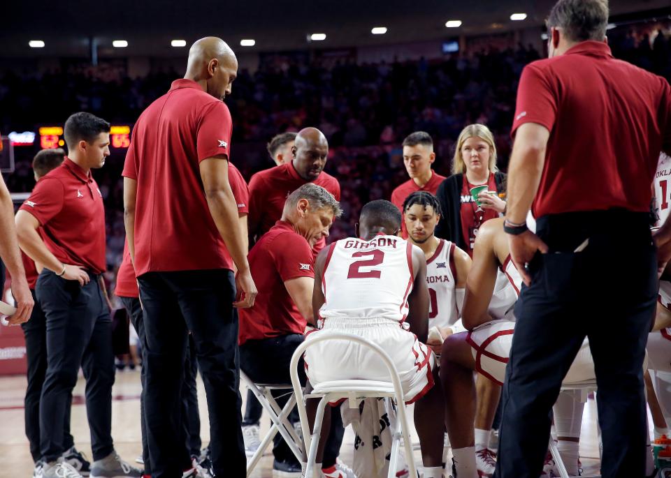 OU coach Porter Moser talks to his team during a timeout against Kansas on Jan. 18.