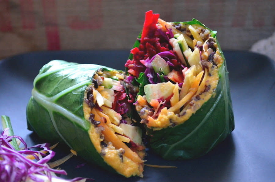 <strong>Get the <a href="http://dinnerwithaura.com/collard-green-wrap-with-carrot-ginger-hummus-and-rainbow-veggies/">Collard Green Wrap With Carrot-Ginger Hummus & Rainbow Veggies</a> recipe from Dinner With Aura</strong>