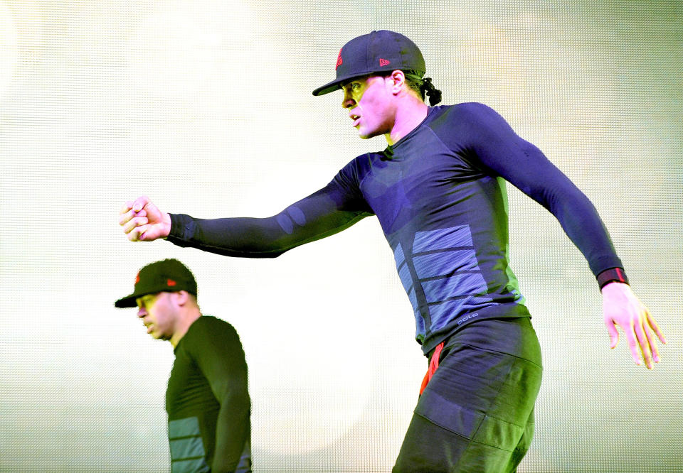 MANCHESTER, ENGLAND - APRIL 09:  (EXCLUSIVE COVERAGE) Ashley Banjo of dance troupe Diversity performs at MEN Arena on April 9, 2012 in Manchester, England.  (Photo by Shirlaine Forrest/WireImage)