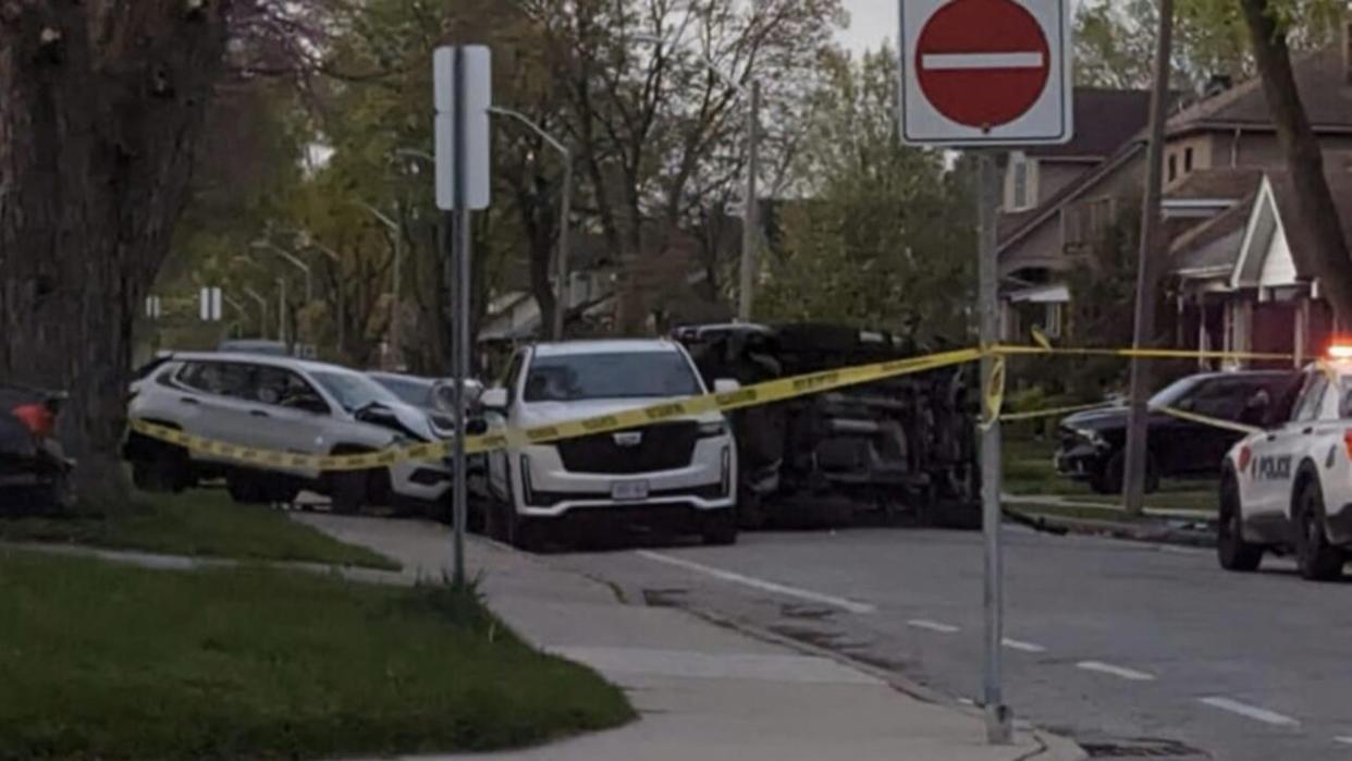 Windsor police say a driver has been charged with careless driving after colliding with parked cars on Tuesday morning. (Chris Hamashuk/Facebook - image credit)