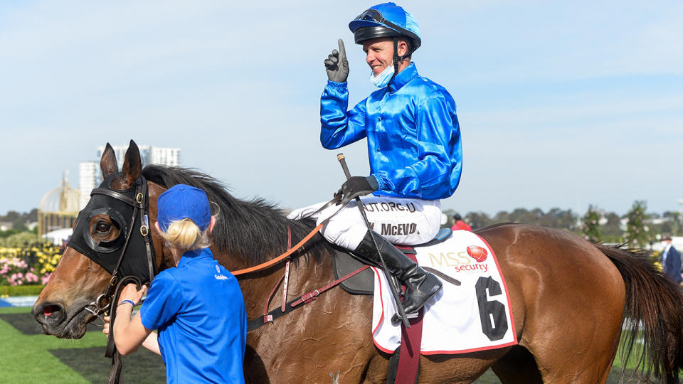 Kerrin McEvoy, pictured here after winning the MSS Security Sprint on Melbourne Cup day.