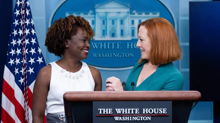 White House Press Secretary Jen Psaki (R) speaks flanked by current Principal Deputy Press Secretary Karine Jean-Pierre during a press briefing in the Brady Press Briefing Room of the White House in Washington, DC, May 5, 2022. (Saul Loeb/AFP via Getty Images)