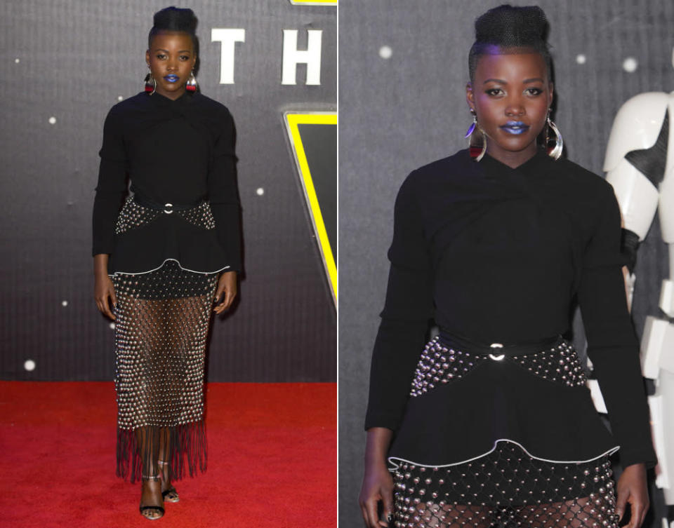 Fast schon zu Daisys Glück machte Lupita Nyong'o auf der Premiere in London mit ihrem futuristischen Look von Proenza Schouler einen Tag später dafür aber so ziemlich alles falsch, was geht: Das Ensemble aus transparentem Rock und wuchtigem Oberteil saß denkbar unvorteilhaft, Frisur und Make-up hätten besser in die Karnevalssaison gepasst. (16. Dezember 2015, Bilder: WENN)