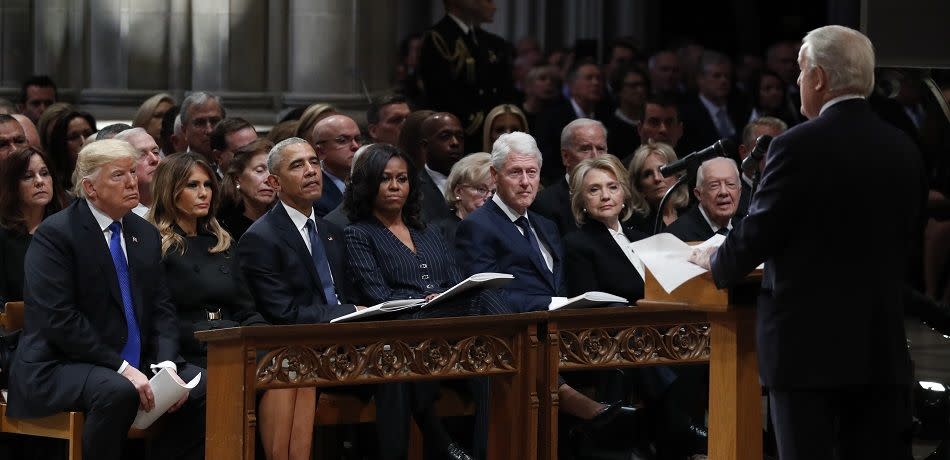 (L-R) President Donald Trump, first lady Melania Trump, former President Barack Obama, former first lady Michelle Obama, former President Bill Clinton, former Secretary of State Hillary Clinton, and former President Jimmy Carter listen as former Canadian Prime Minister Brian Mulroney speaks during a state funeral for former President George H.W. Bush at the National Cathedral December 05, 2018 in Washington, DC.