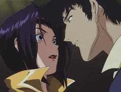 An anime man and a woman face each other in an intimate way.