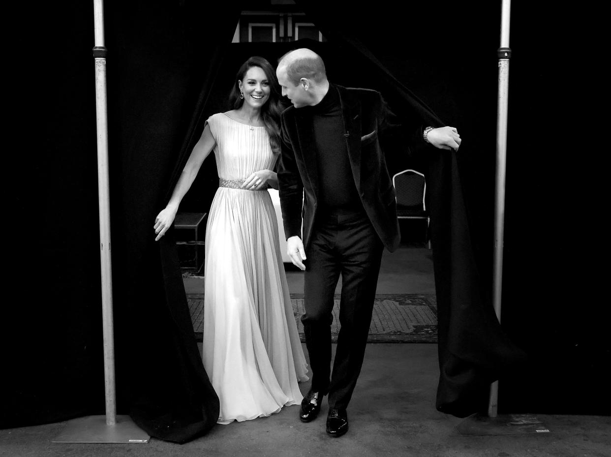 A black and white photo of Prince William and Kate Middleton at the Earthshot Awards.