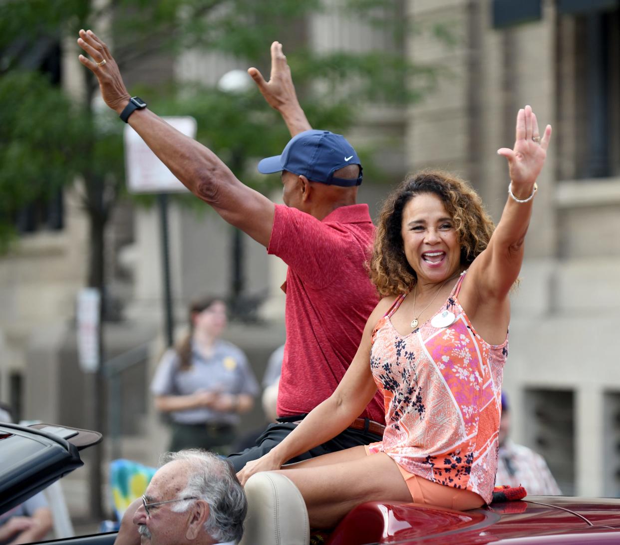 Pro Football Hall of Famer James Lofton is joined by wife Beverly Lofton in The Pro Football Hall of Fame Enshrinement Festival  Canton Repository Grand Parade.  Saturday,  August 6, 2022.
