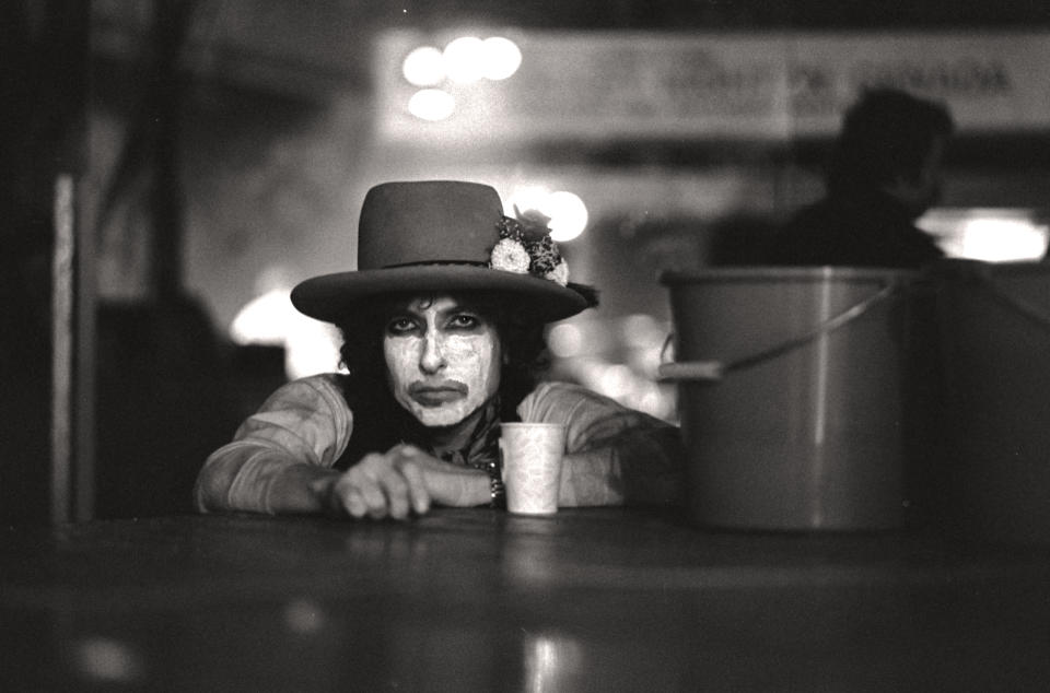 Bob Dylan in a still from the documentary Rolling Thunder Revue: A Bob Dylan Story by Martin Scorsese. | Netflix
