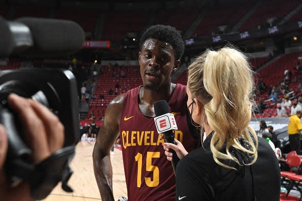 Tre Scott of the Cleveland Cavaliers is interviewed by ESPN reporter Katie George before the game against the Phoenix Suns during the 2021 Las Vegas Summer League on August 16, 2021 at the Thomas & Mack Center in Las Vegas, Nevada.