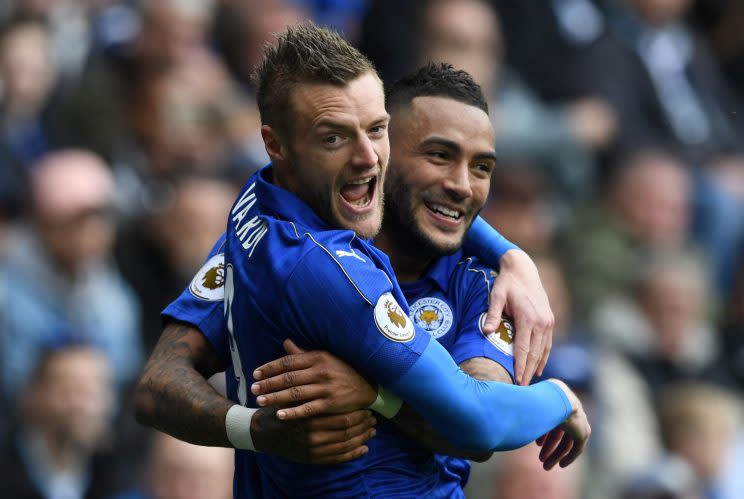 Jamie Vardy celebrates with Danny Simpson after putting his side ahead at West Brom
