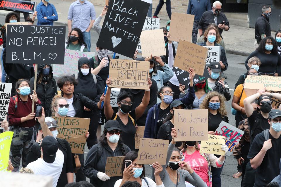 Protesters angry over the death of George Floyd gather in front of Yonkers City Hall on June 2, 2020.