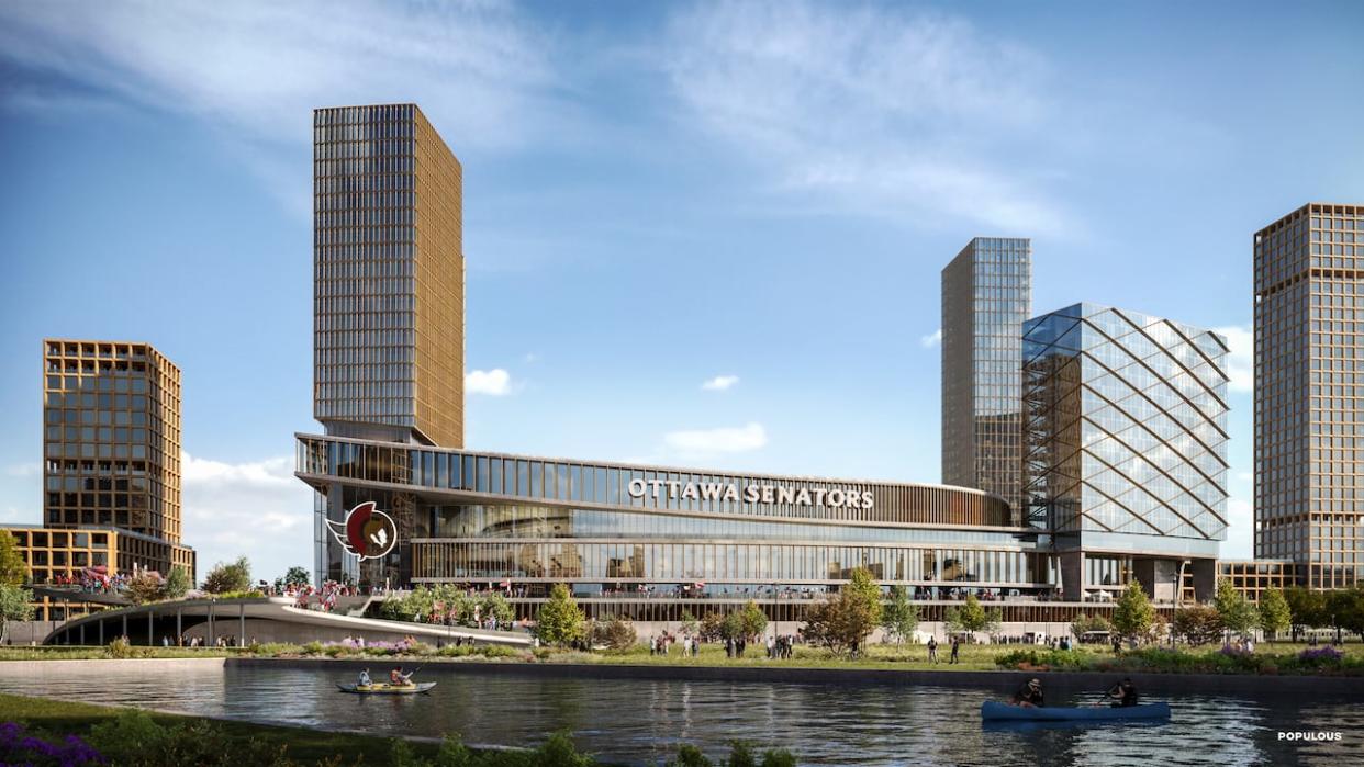 LeBreton Flats remains the 'only site' the Ottawa Senators are serious about for a new arena, team president Cyril Leeder said. This rendering provided by Capital Sports Development Inc. is subject to change. (Capital Sports Development Inc. - image credit)
