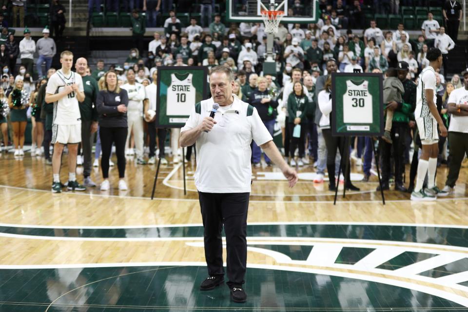 Michigan State head coach Tom Izzo talks to fans after a March win against Maryland.