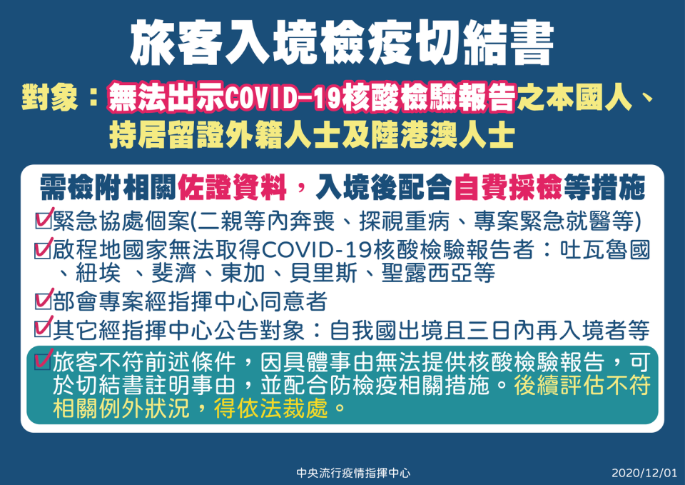 4種情況的民眾無法取得陰性證明，可簽切結書入境後在自費採檢。   圖：中央流行疫情指揮中心／提供