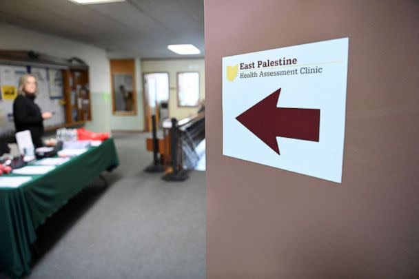 PHOTO: A sign directs visitors at a newly opened clinic following the derailment of a train carrying toxic chemicals which caused a fire that sent a cloud of smoke over the town of East Palestine, Ohio, Feb. 21, 2023. (Alan Freed/Reuters)