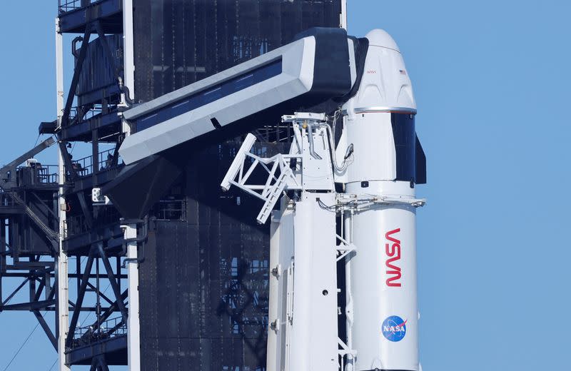 A Falcon 9 rocket is readied before launch on NASA's SpaceX Crew-6 mission, in Cape Canaveral