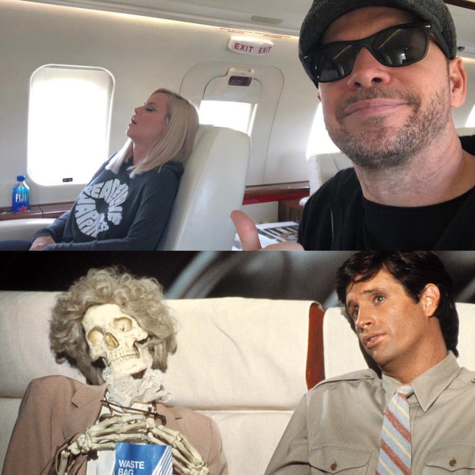 Wahlberg caught a photo of his wife sleeping and joked, "Not sure if she’s paying homage to her favorite movie — #Airplane — or if I literally talked her to sleep! #loveeternal 🙏🏼❤️😂"