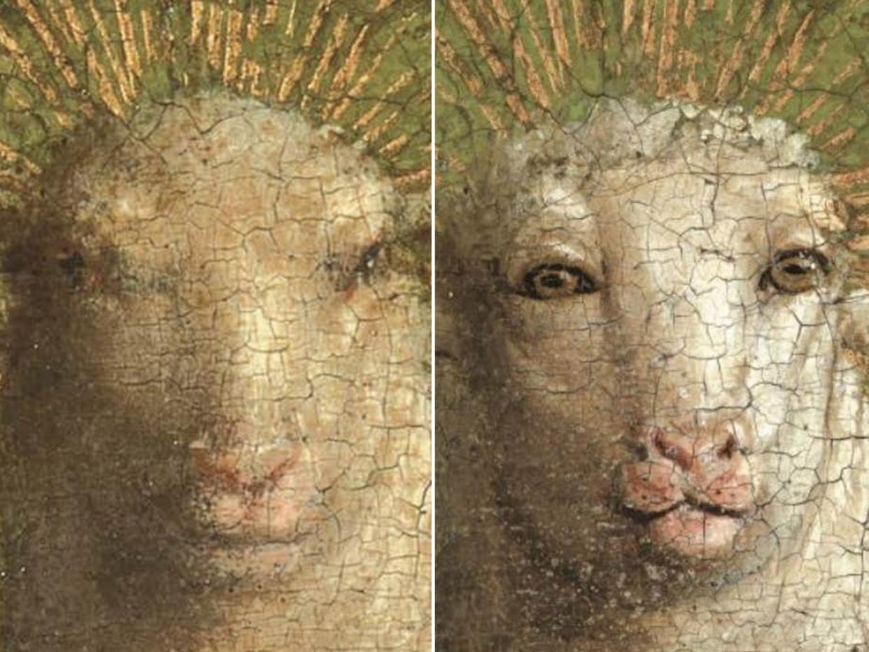 Left: The face of Van Eyck's Adoration of the Mystic Lamb as it has appeared since the 16th century. Right: The rejuvenated artwork with overpainting removed: Lukasweb/Sint-Baafskathedraal Gent