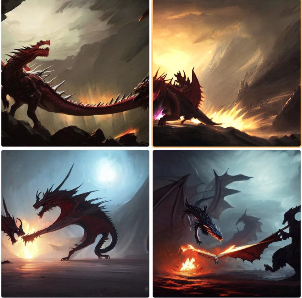 Images created when Insider typed &quot;Dragon battle with a man at night in the style of Greg Rutkowski&quot; into Stable Diffusion.