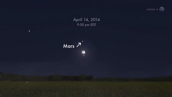 This sky map shows the location of Mars and the moon in the southeastern night sky on April 14, 2014 when Mars is at its closest to Earth.