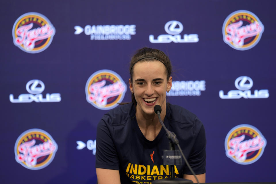 Indiana Fever guard Caitlin Clark speaks during a news conference before a WNBA basketball game against the New York Liberty, Thursday, May 16, 2024, in Indianapolis. (AP Photo/Michael Conroy)