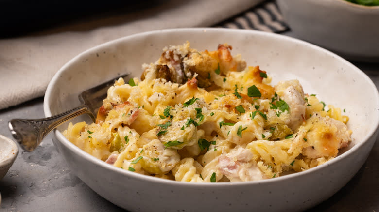 chicken brussels sprout pasta bake in bowl