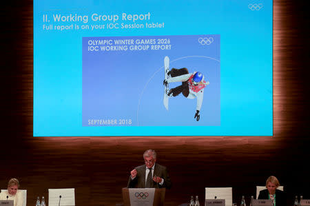 Juan Antonio Samaranch Jr., Vice-President of the International Olympic Committee (IOC), speaks as he presents the report for the 2026 Winter Olympics host cities candidates during the 133rd IOC session in Buenos Aires, Argentina October 9, 2018. REUTERS/Marcos Brindicci