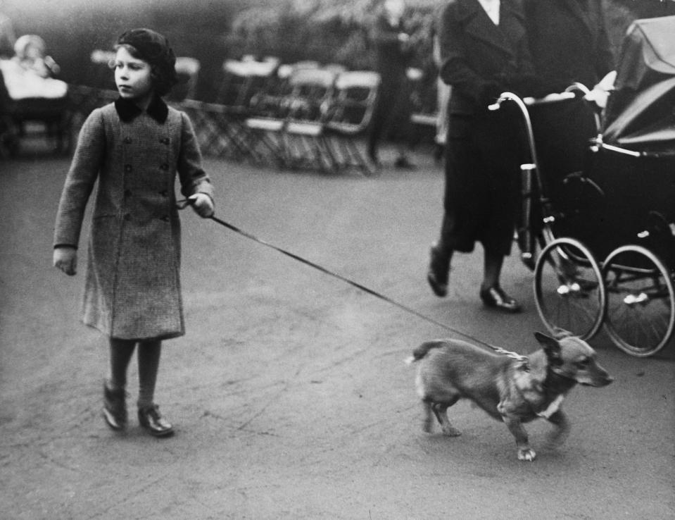 A gelatin silver print of Princess Elizabeth walking a Corgi in London's Hyde Park, ca. 1940. (Photo by Hulton-Deutsch/Hulton-Deutsch Collection/Corbis via Getty Images)