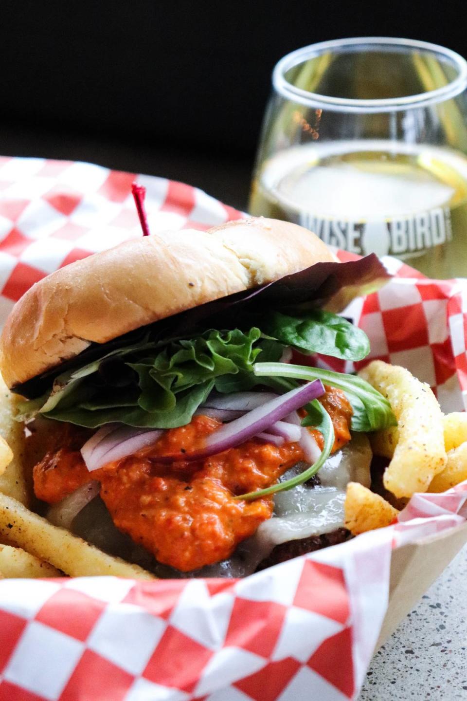 The romesco burger at Little Fork is available at Wise Bird Cider in the Distillery District on Manchester Street.